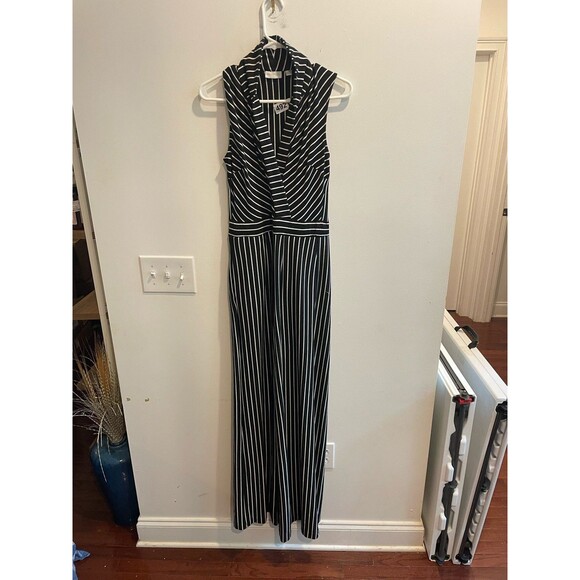 New York & Co. Striped Sleeveless Collared Jumpsuit Black White Small Chic Women - Picture 4 of 11